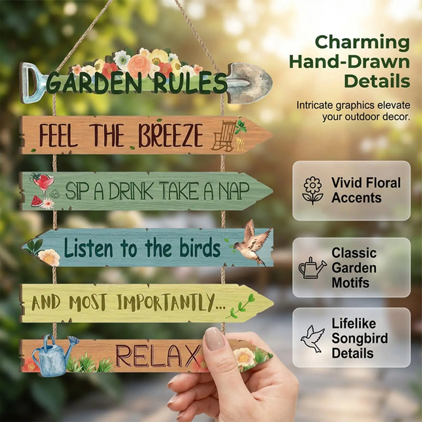 Funny Garden Rules Sign Rustic Wooden Wall Decor Bird Floral Design Outdoor Yard Art Unique Gift Porch Shed Farmhouse Ornament