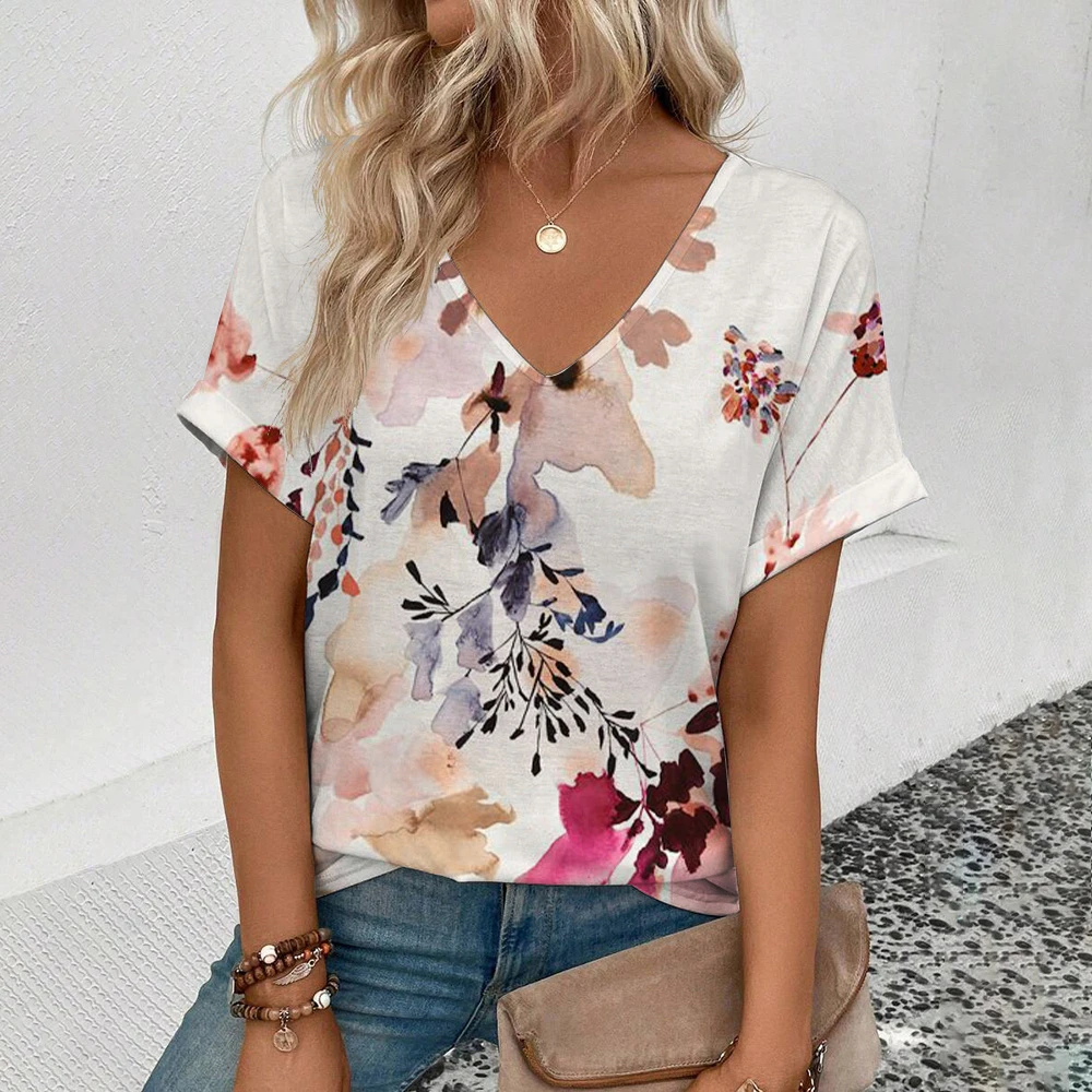 2024 Fashion Blue Flowers Print T-shirt Summer Leisure Elegant  V-neck T-shirt Women's Daily Comfortable Short Sleeved T-shirt