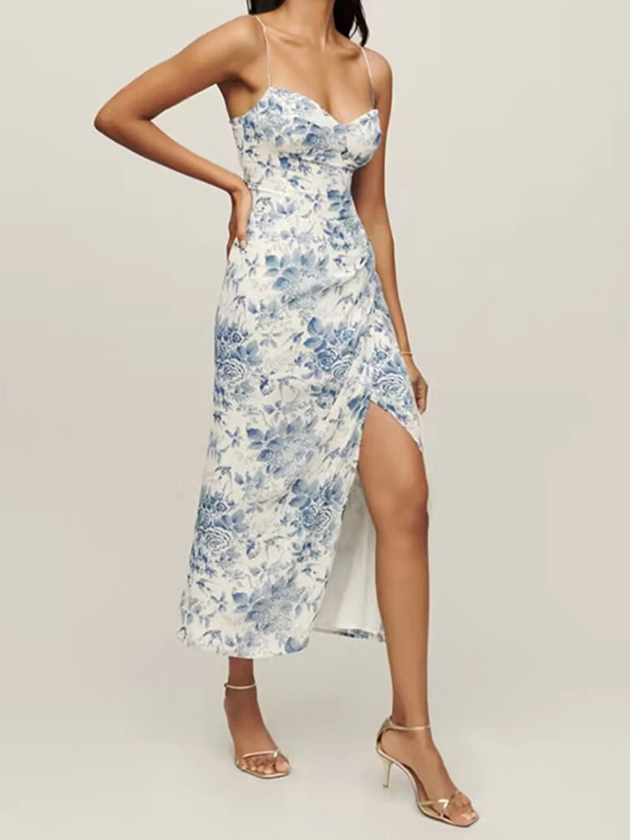

Blue Floral Print Midi Dress Women V Neck Lace-up Sleeveless Suspender Split Vestidos Summer Elegant Casual Fashion Long Dresses