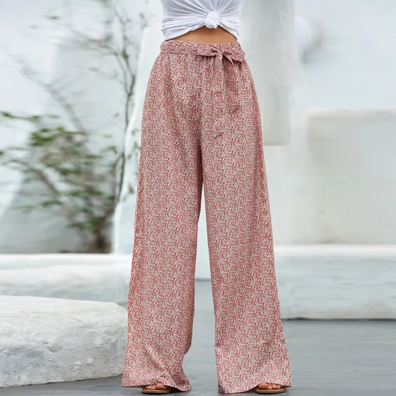 

Ladies Summer Floral Print Wide Leg Belt Trousers Ladies Holiday Beach Casual Loose Trousers Women's Clothing Vintage Streetwear