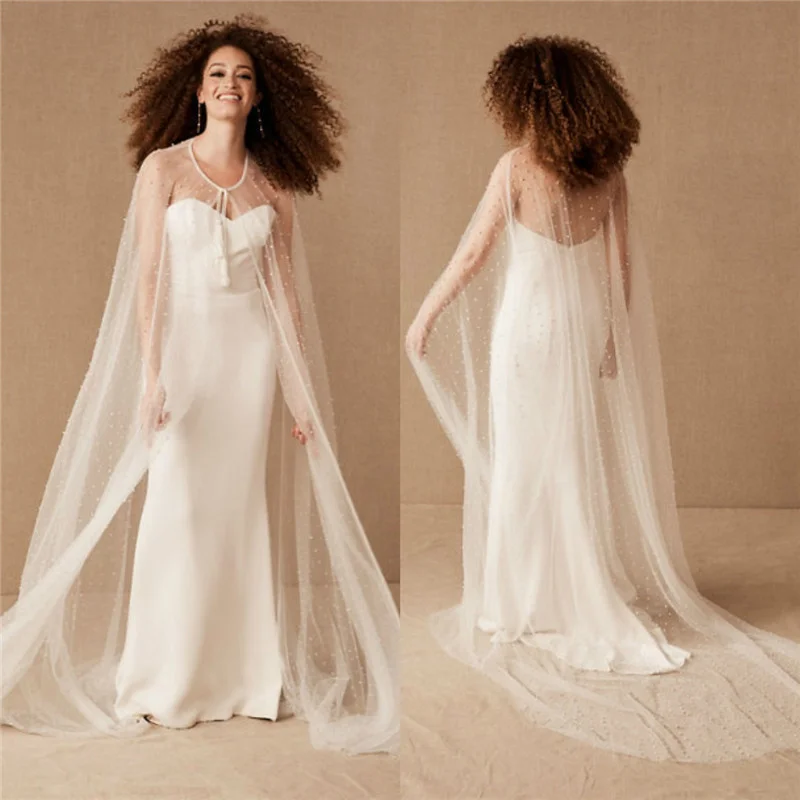 

Свадебная кружевная накидка с жемчугом и открытым передом, из мягкой сетки, для фотосессий, женское белое платье, фата, этнический сценический костюм, женская накидка