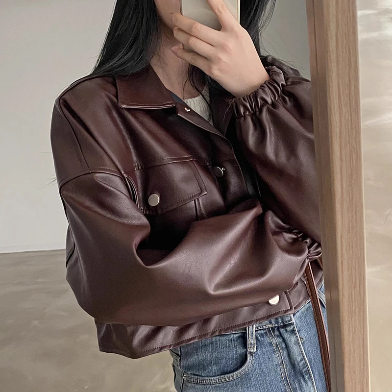 Chic Vintage da donna vestibilità ampia Jaet ort capispalla doppio ket colletto alla coreana cappotto in pelle PU versatile autunno nuovo Sle