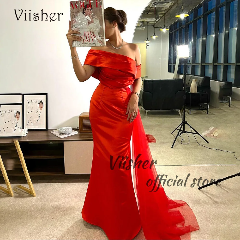 

Viisher Red Mermaid Evening Dresses One Shoulder Sexy Bodycon Prom Party Dress with Train Long Arabic Formal Gowns