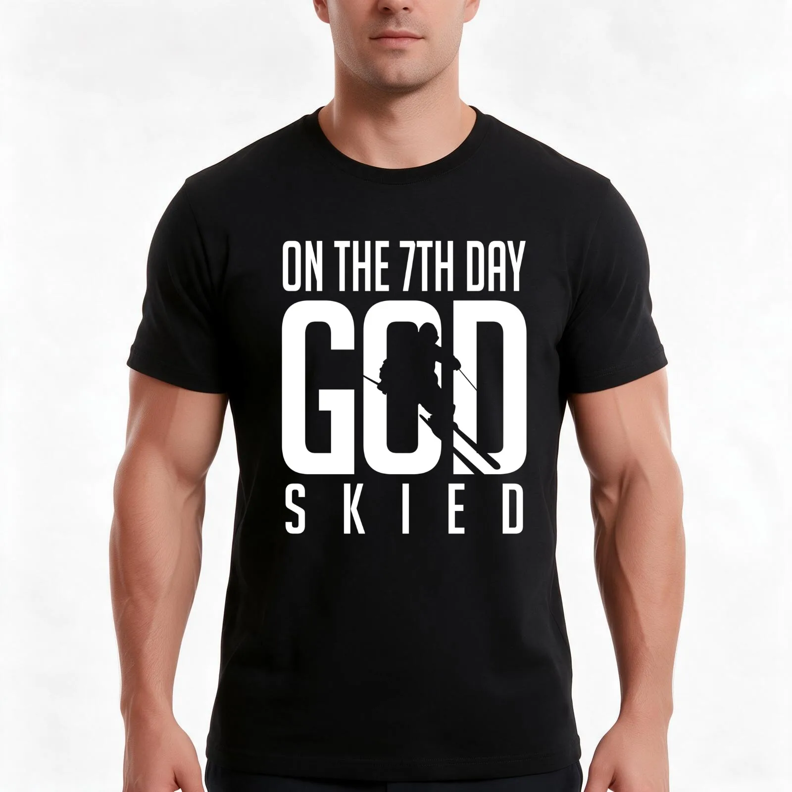 Skiing: On the 7th god skied T-Shirt, Summer Casual Cotton Tee, Oversized Streetwear Tops, Vintage Graphic Print, 100% Cotton