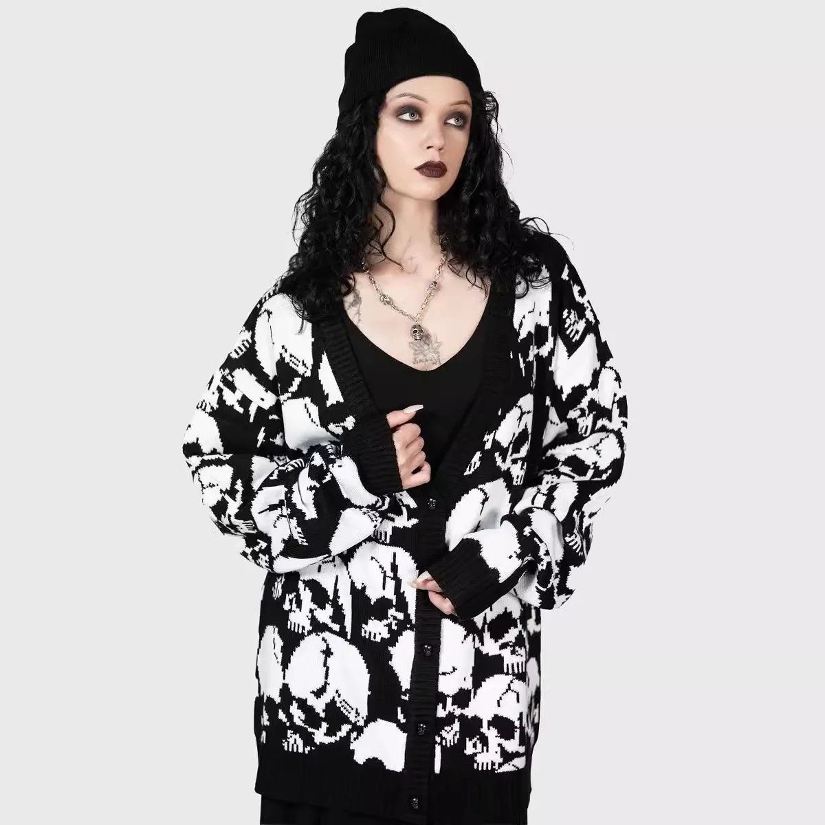 Y2k Long Sleeved Pullover Sweater Cardigan With Dark Skull Jacquard Pattern, Winter Outfit School Ootd Streetwear Oversized