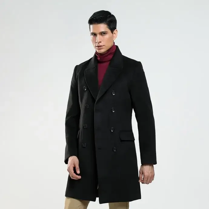 Medium length woolen coat men trench coats long sleeves overcoat mens cashmere coat casaco masculino inverno erkek england black