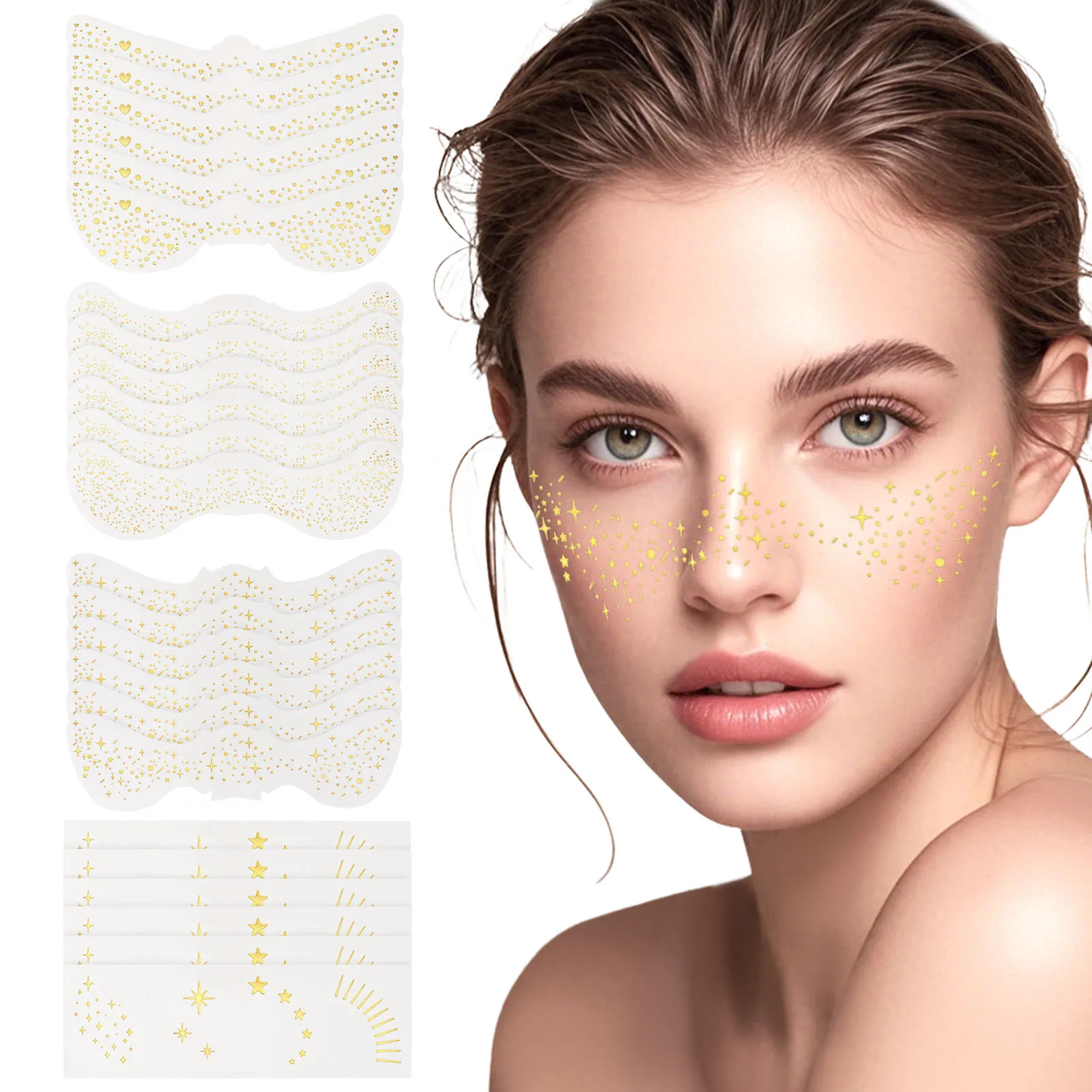 

24 Sheets Gold Glitter Freckles Face Tattoo Waterproof Halloween Temporary Face Glitter Tattoo Stickers Women Makeup Patches