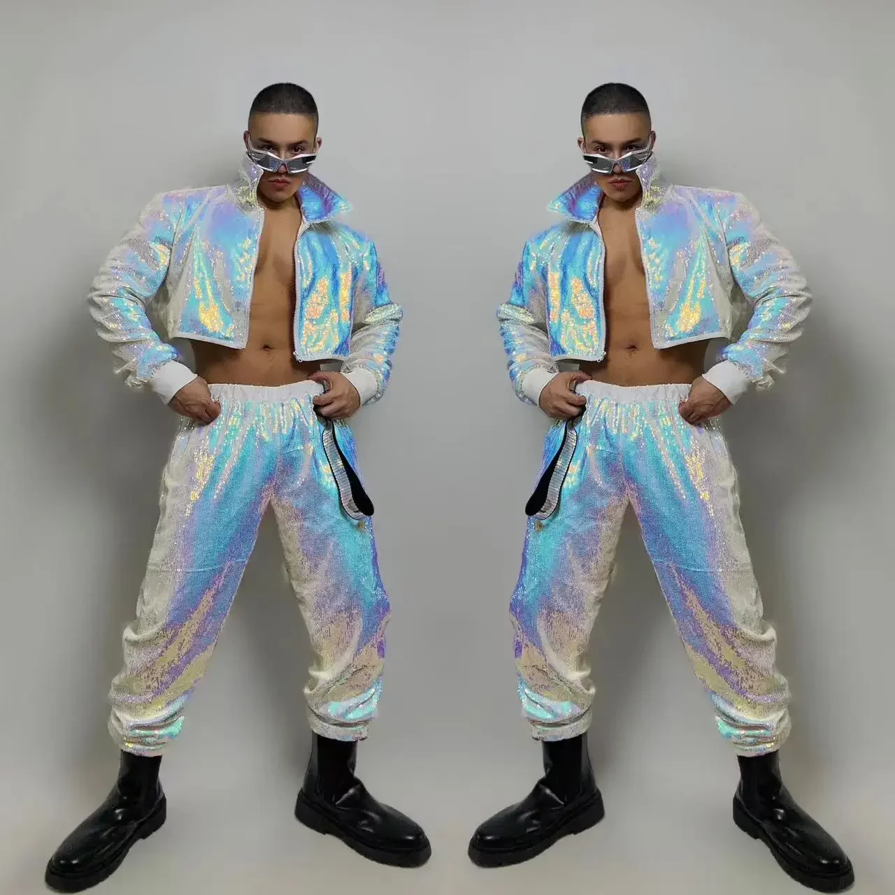 

Male Hip Hop Performance Clothes Shiny Sequins Jacket Pants 2 Piece Jazz Dance Costume Club Party Rave Outfit Nightclub Stage