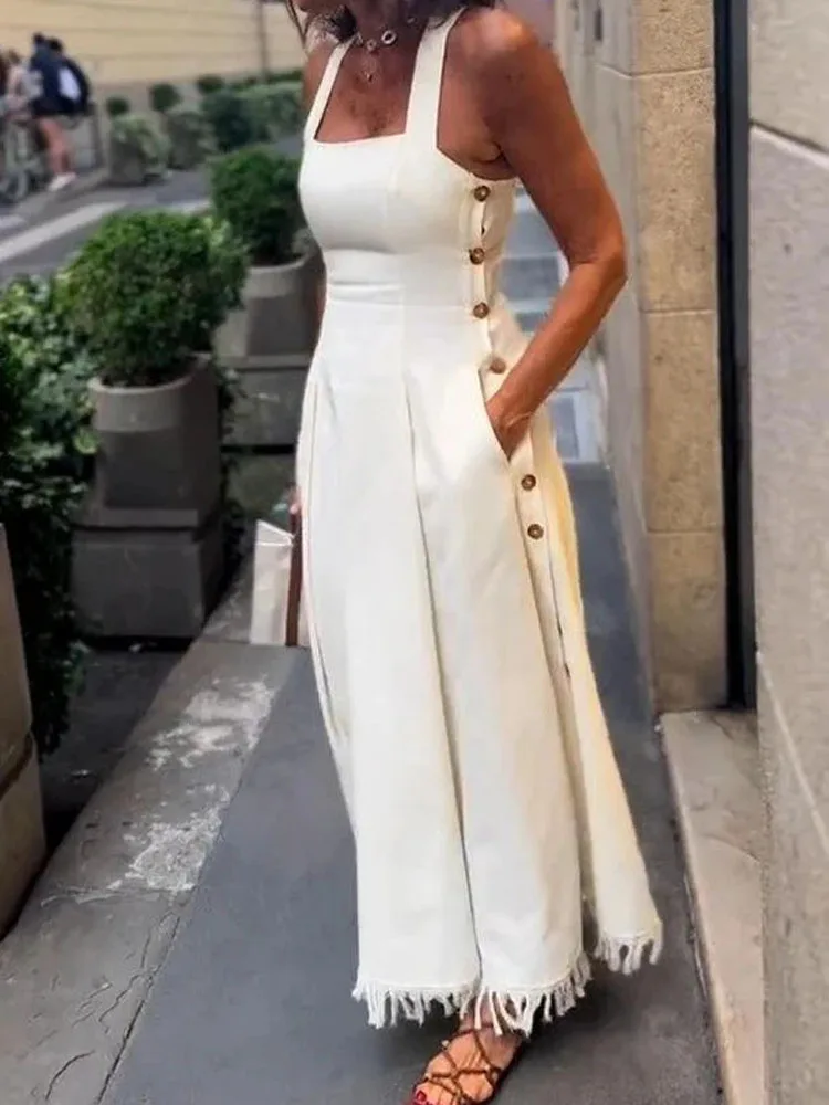 Mode Vierkante Kraag Taille Slanke Lange Jurk Vrouwen Casual Mouwloze Pocket Solid Feestjurk Elegante Kwastje Splicing Maxi Jurk - afbeelding 2