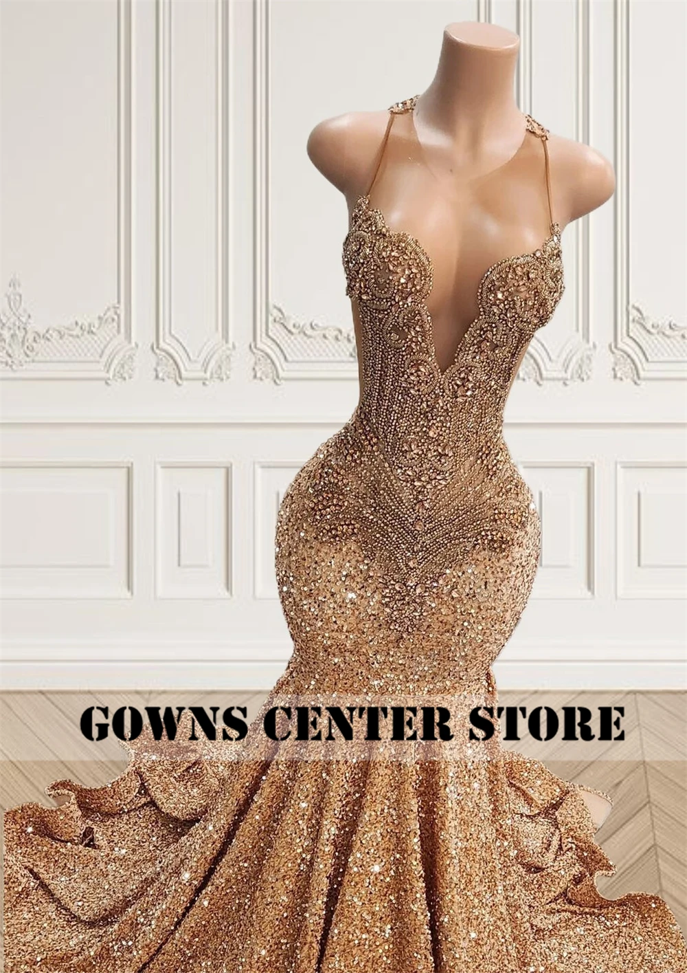 きらびやかなゴールドのロングウエディングドレス,スパンコールの人魚の衣装,豪華なラインストーン,ウェディングパーティー,パーソナライズされたバレンタインデー