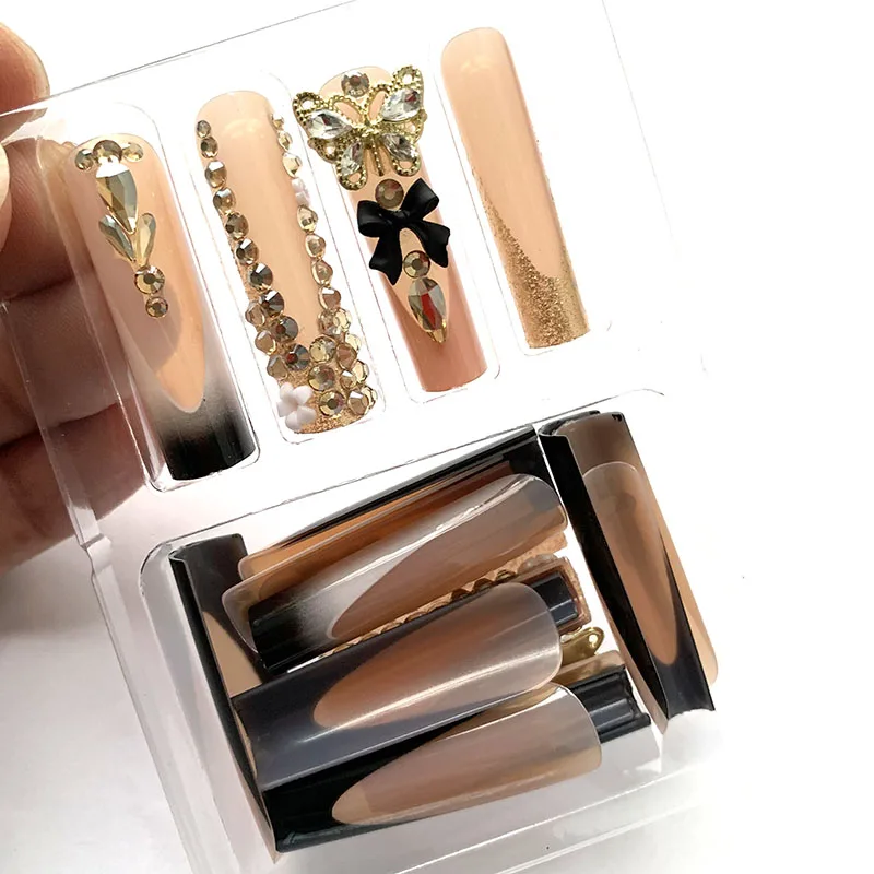 24 sztuk/zestaw ślubne wciśnięte paznokcie damskie perły Rhinestone zdobione długie sztuczne paznokcie paznokcie ślubne wielokrotnego użytku na specjalne okazje