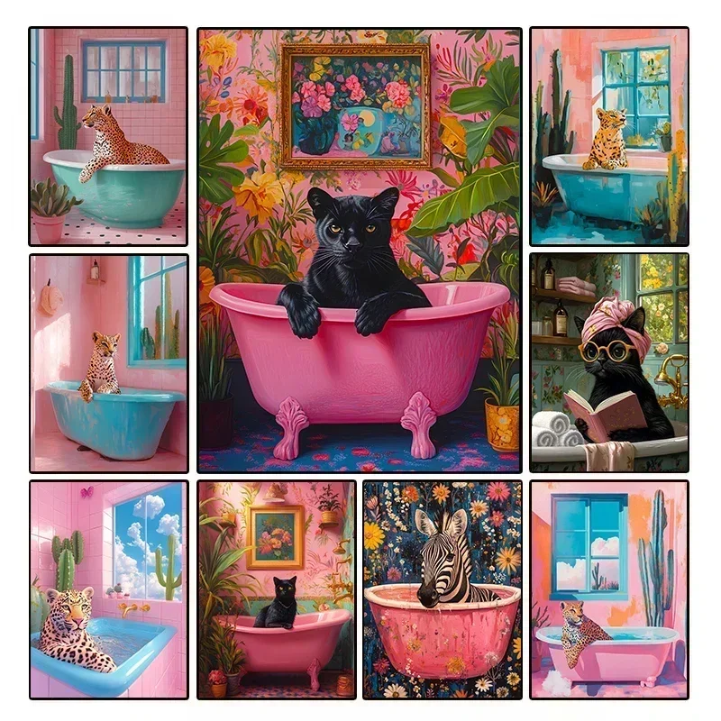 (No frame)Minimalist Canvas Posters Eclectic Color Animal Black Cat Cheetah in Bathtub Pink Orange Dopamine Wall Art Home Roo