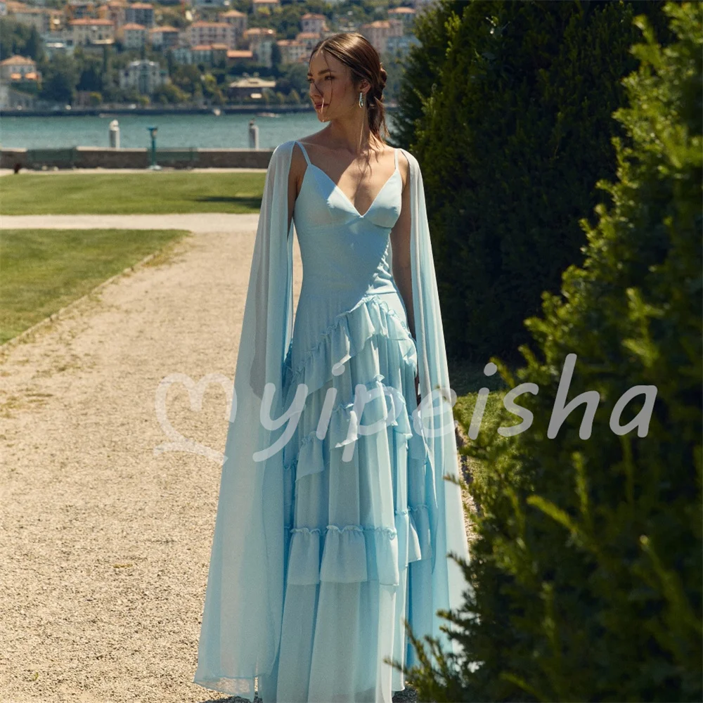 Simple Sizes Available Chiffon Pleat Ruched Shawl A-line V-neck Floor-Length Evening Dresses Sizes Available Customized