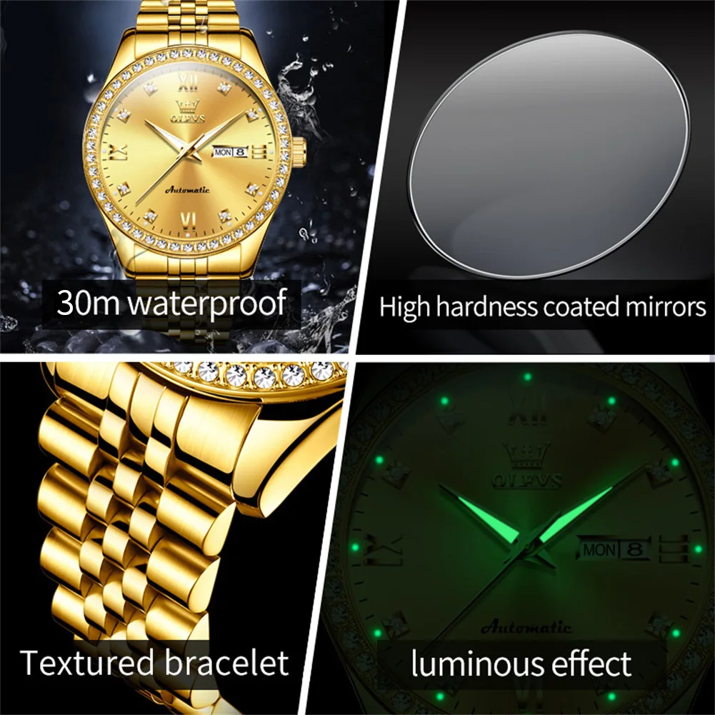 OLEVS 7012 Mens Watch Automatic Mechanical Watch Diamond Bezel Waterproof Luminous Watch Day-Date Watch With Box Original Reloj