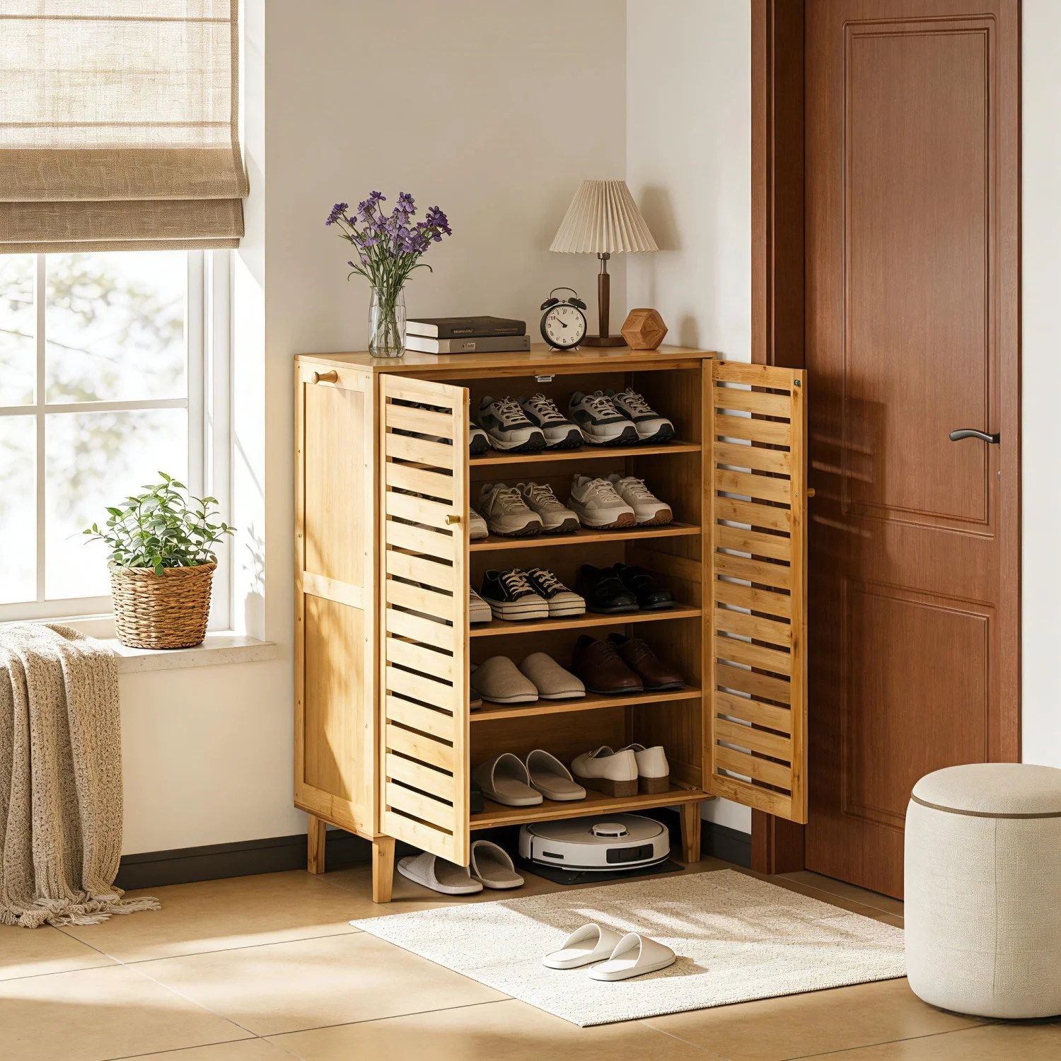 2 Or 3 Doors Bamboo Shoe Storage Cabinet 5 Tiered Shelves Organizer Rack for Entryways Hallways with Ventilated Slatted