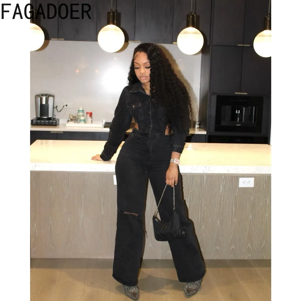 FAGADOER Black Autumn Winter Casual Denim Hole Jumpsuit Women Turndown Collar Button Long Sleeve Hollow Straight Cowboy Playsuit