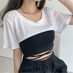 sexy ladies summer 2034 super brief paragraph leakage chest female overall arc hem t-shirts with short sleeves