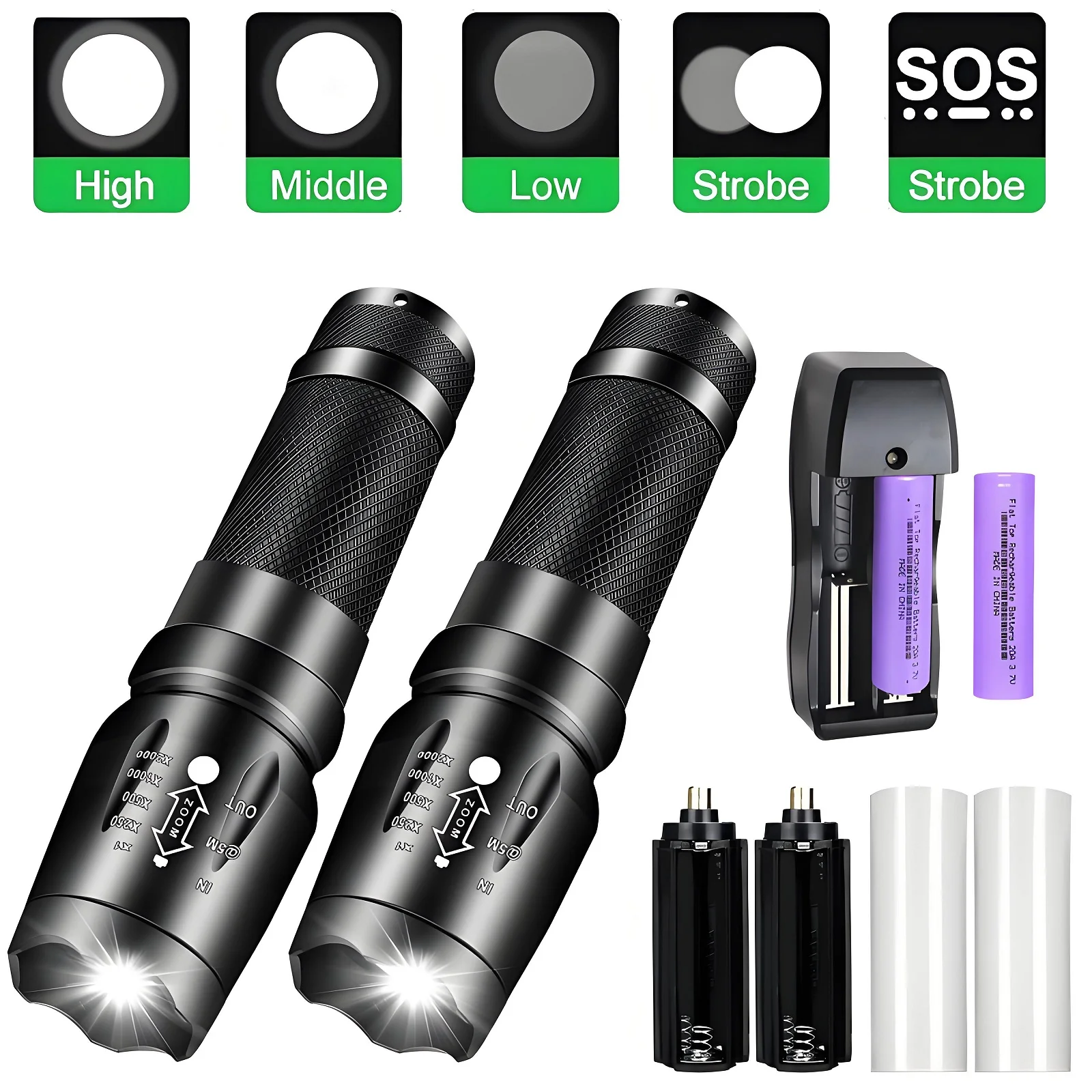 Skywolfeye 2Pcs Powerful LED Flashlights Outdoor Hiking Climbing Adventure Night Lighting Lamp Torches 5 Light Modes Zoom Lights