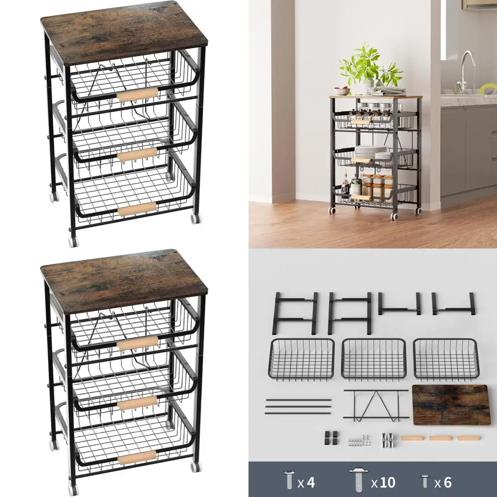 

4-Tier Stackable Fruit Basket Organizer with Pull-Out Metal Shelves for Kitchen Storage