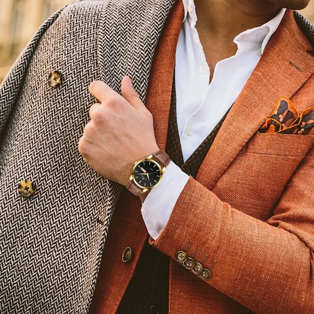 ساعة رجال الأعمال ، الكلاسيكية ، النمط البريطاني ، الجلد ، الذهب ، الأسود ، الكاجوال ، الكوارتز ، الفخامة ، التوهج ، ساعة اليد المقاومة للماء ، جديد ،