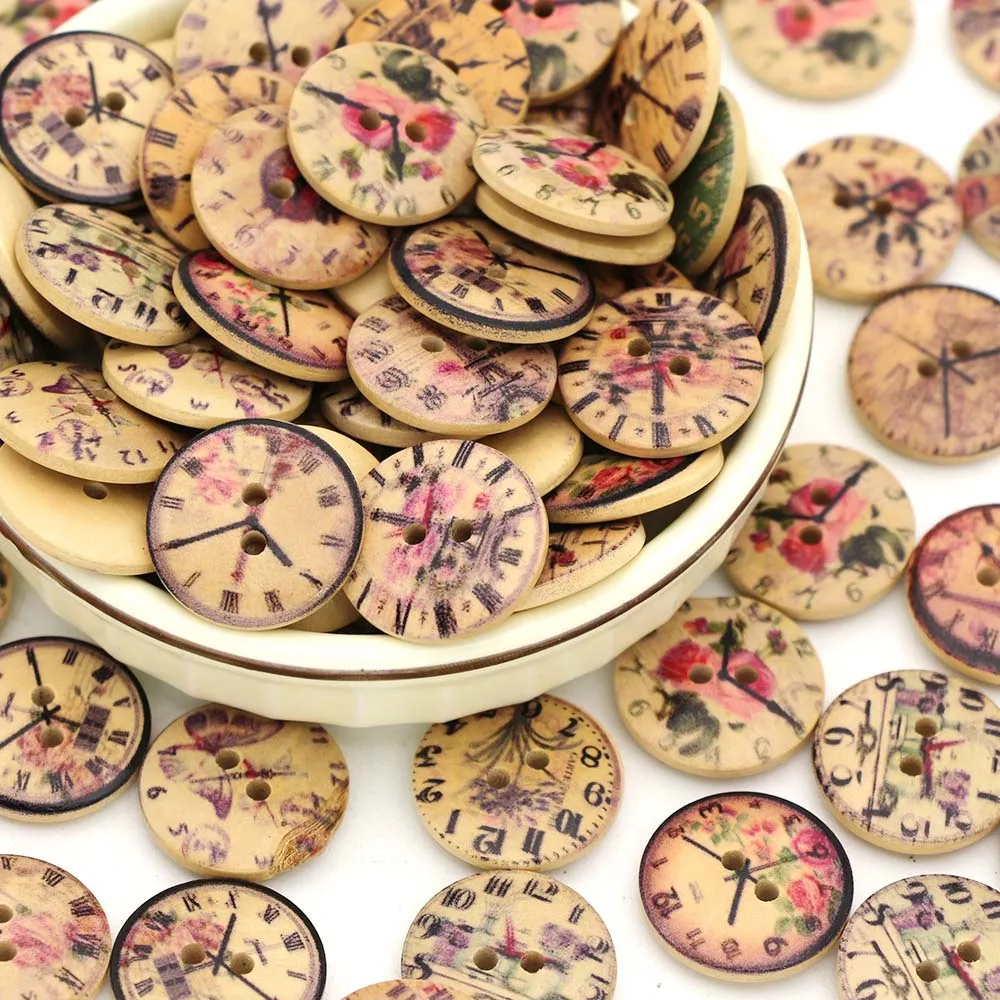 Mix Wooden Button Clock Buttons Vintage Decorative Sew Button for Clothes Handmade Crafts Accessories 50Pcs 20MM