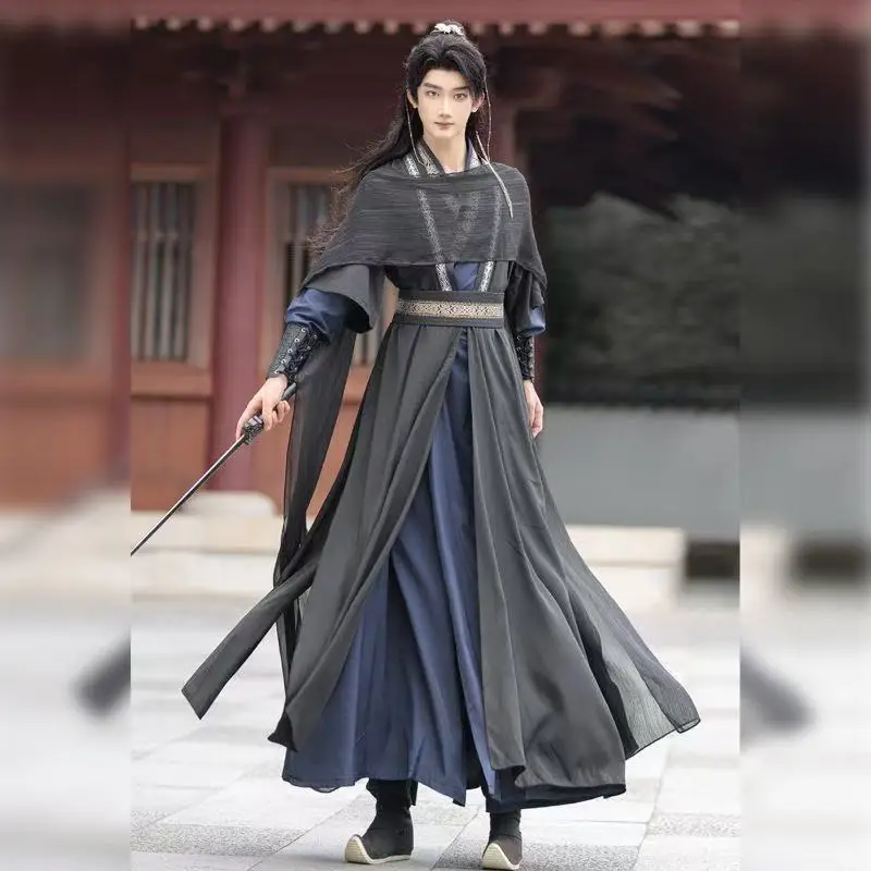 

4XL Large Black Power Hanfu Traditional Chinese Cross Collar Printing Outfit Halloween Swordsman Cosplay Costume Street COS Suit