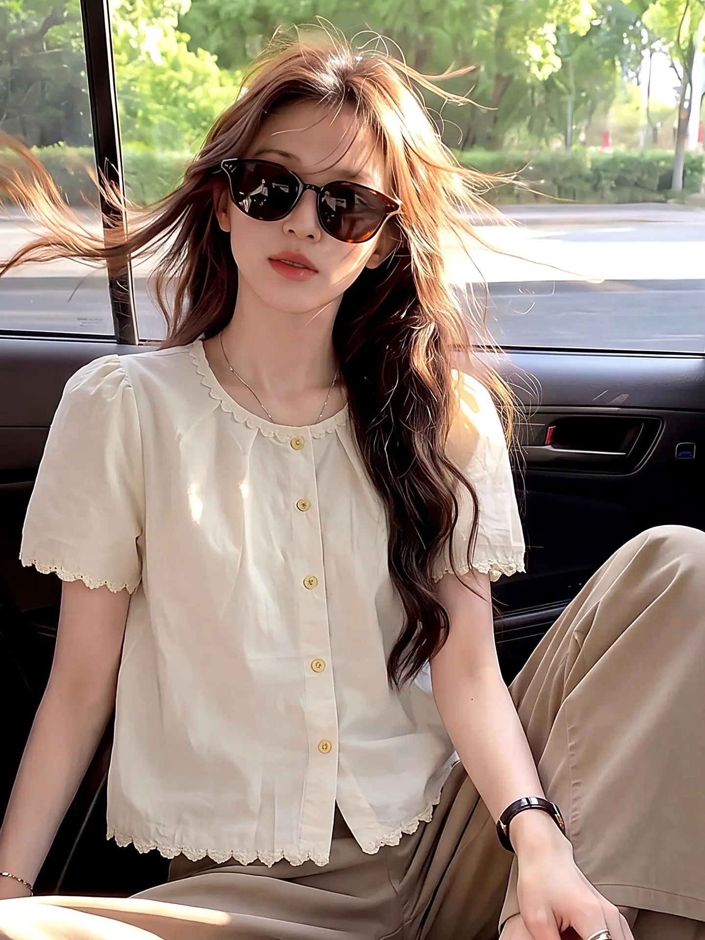 Fashionable Ruffle Sleeve Short Shirt Women's Slim Fit Summer Shirt Versatile Stylish Design Korean Style round Neck Top
