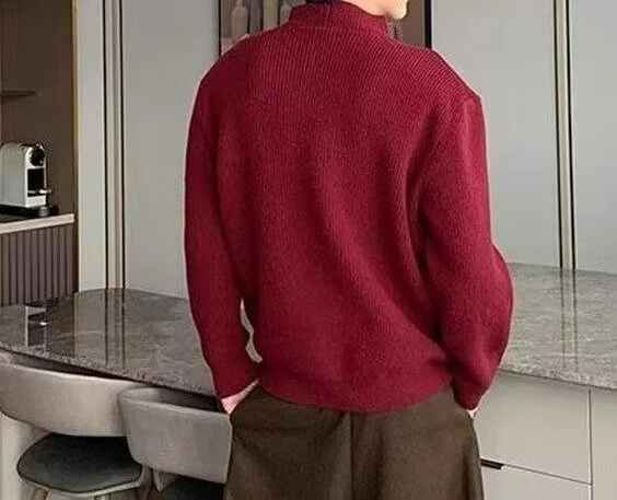 

Red Button Solid Color Knitted Sweater Winter Loose Casual Retro Versatile Semi-turtleneck Sweater