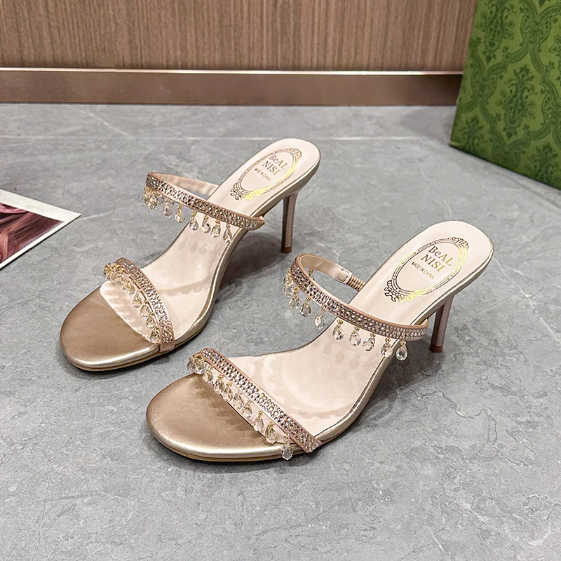 

Женские новые блестящие хрустальные туфли на высоком каблуке 2026 года, дизайнерские босоножки с открытым носком, сексуальные вечерние туфли-шпильки для банкетов, большие размеры