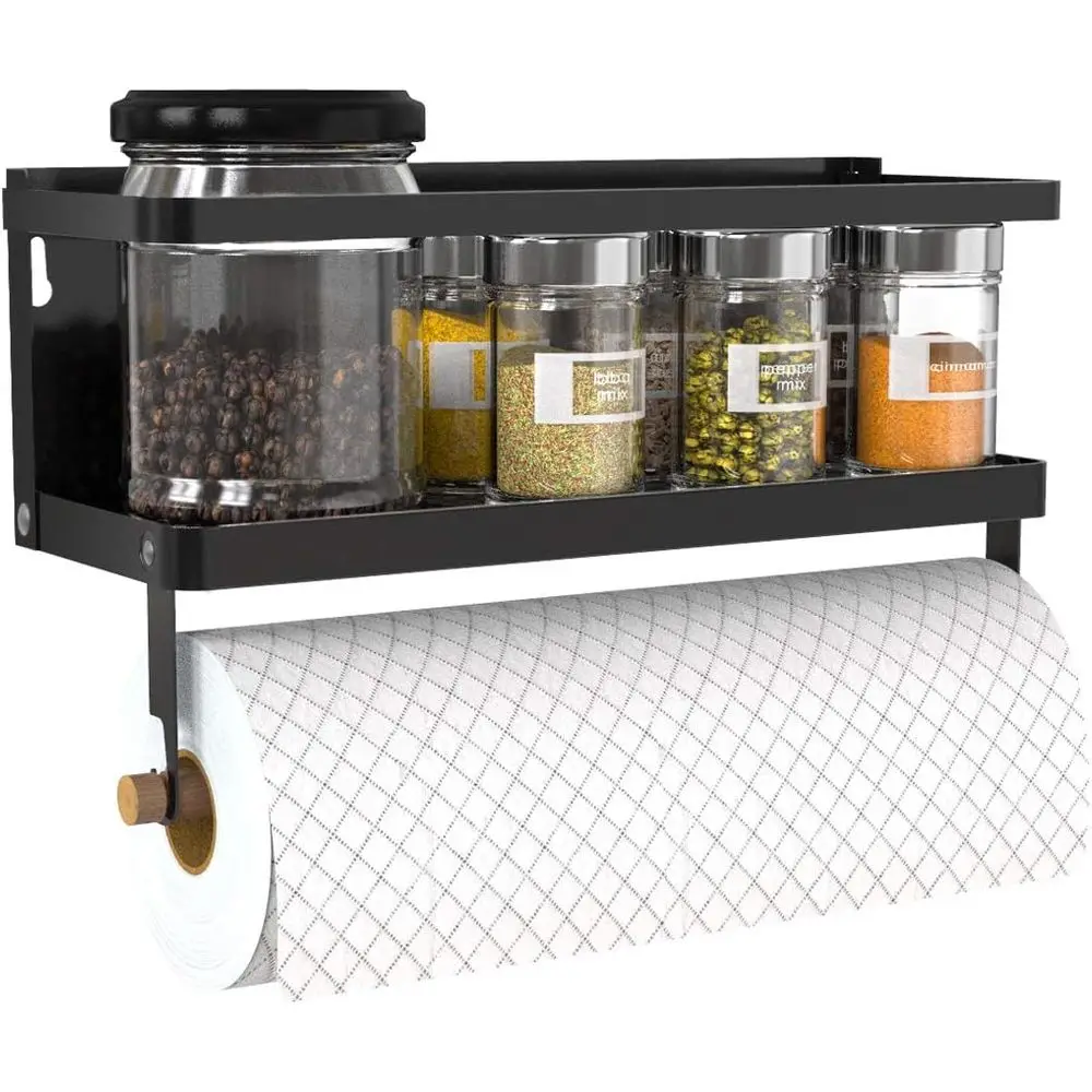 Portarrollos de Papel Magnético, Estante Magnético 2 en 1 para Especias con Ganchos, Toallero de Pared o para Refrigerador (Negro, con Gancho)