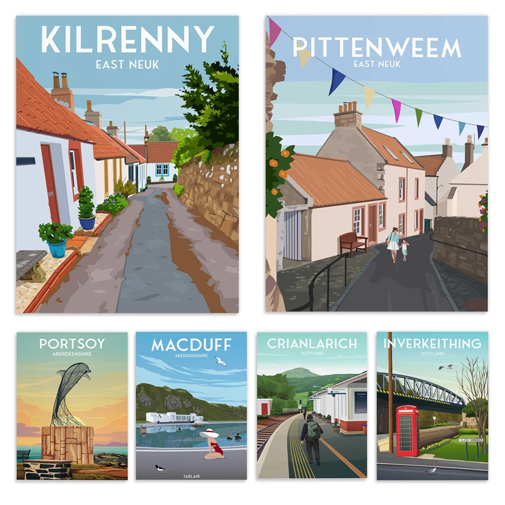 Póster de viaje de Ullapool Harbour, Oban, Peebles, Wales, Aberystwyth, Portsoy Dolphin, Kilrennie, Leith Edinburgh, Aberdeenshire