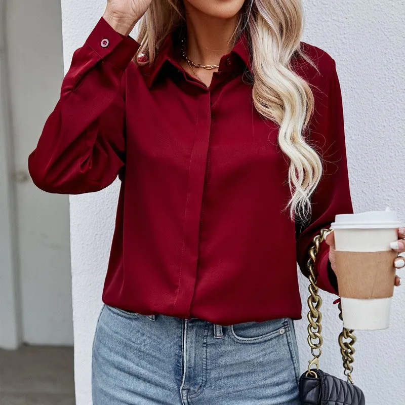 Dames Blouses 2024 Nieuwe Effen Kleur Casual Losse Lange Mouwen Shirt Dames Turn Down Kraag Donkere Knoop Chiffon Shirt 긴y 2K