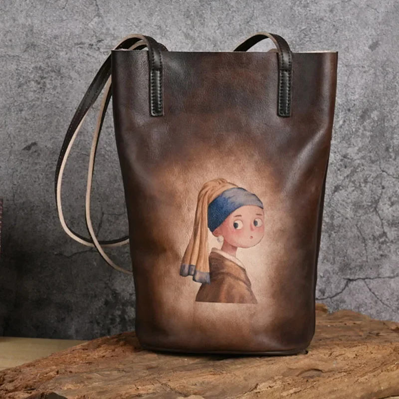 Vintage damska torba na ramię torby typu crossbody prawdziwej skóry ręcznie robiona torba typu Bucket pierwsza warstwa skóra bydlęca torebka z nadrukiem retro