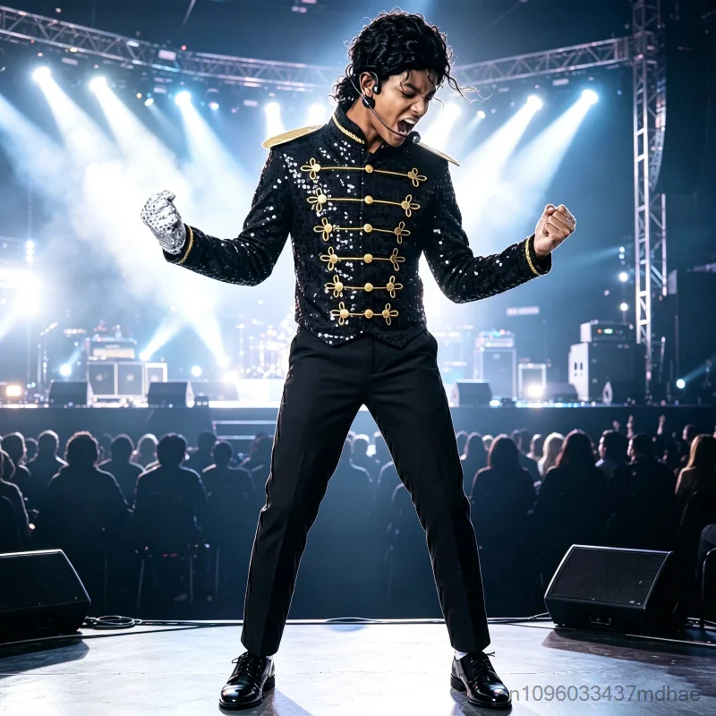 

Singer Cosplay Black Sequin with Gold Trim Top Festival Military Style Jacket Dancer Role Play Stage Performance Junge Costume