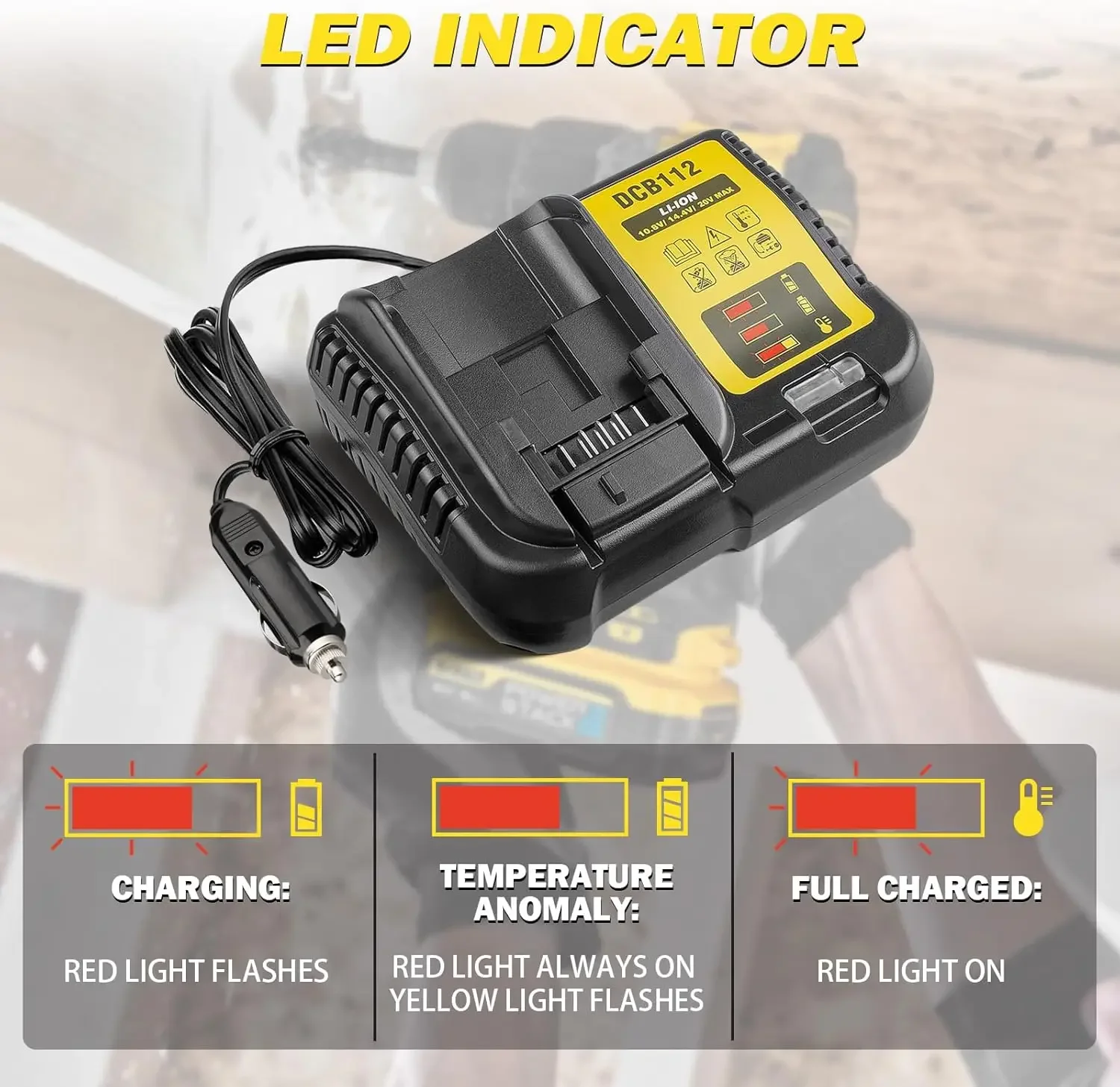 dewalt cigarette lighter battery charger DCB112 Car Charger for DeWalt 12V/20V Li-ion Batteries with Cigarette  Lighter Plug and LED Indicator