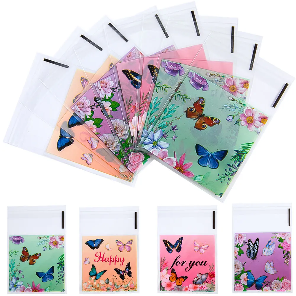 

50pcs Butterfly Opp Plastic Bag Self Adhesive Clear Packaging Bags Candy Bag Self-adhesion Cartoon Printing DIY Gift Pastry Bag