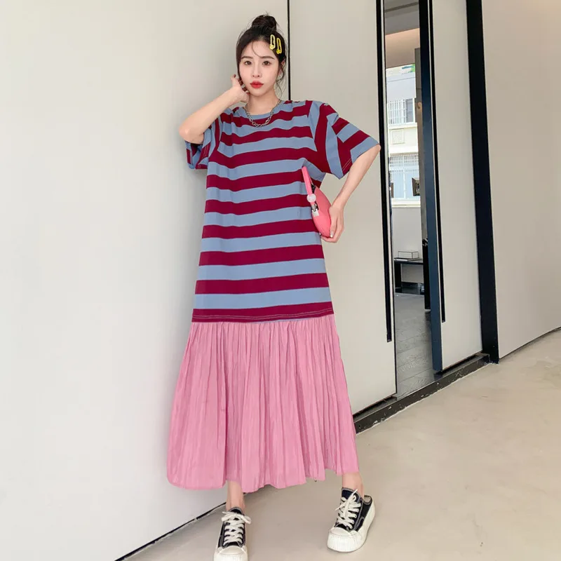 #6119Summer Short Sleeve Tshirt Dress Cotton O-neck Split Joint Pleated Vestidos Sexy False Two Piece Striped Dress Ankle-length