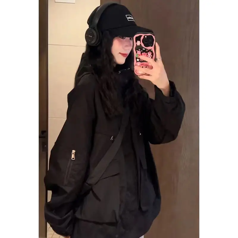 

HOUZHOU Windbreakers Jacket Women Vintage Outdoor Oversized Techwear Jackets Casual Streetwear Korean Fashion Hooded Outwear