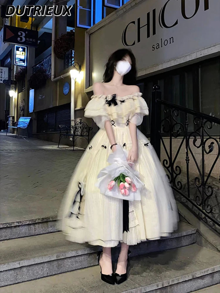 

Elegant Sweet Lady Generation Color Off-shoulder Lolita Long Dress Sweet Girls High Waist Slim Fit Short Sleeve Princess Dresses