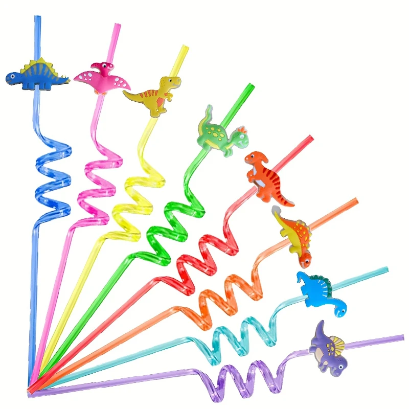 8 PCS Dinosaur Gift Pack Straw Accessories Cartoon Patch Art Design Birthday Party Cute Spiral Creative Straw Party Small Gifts