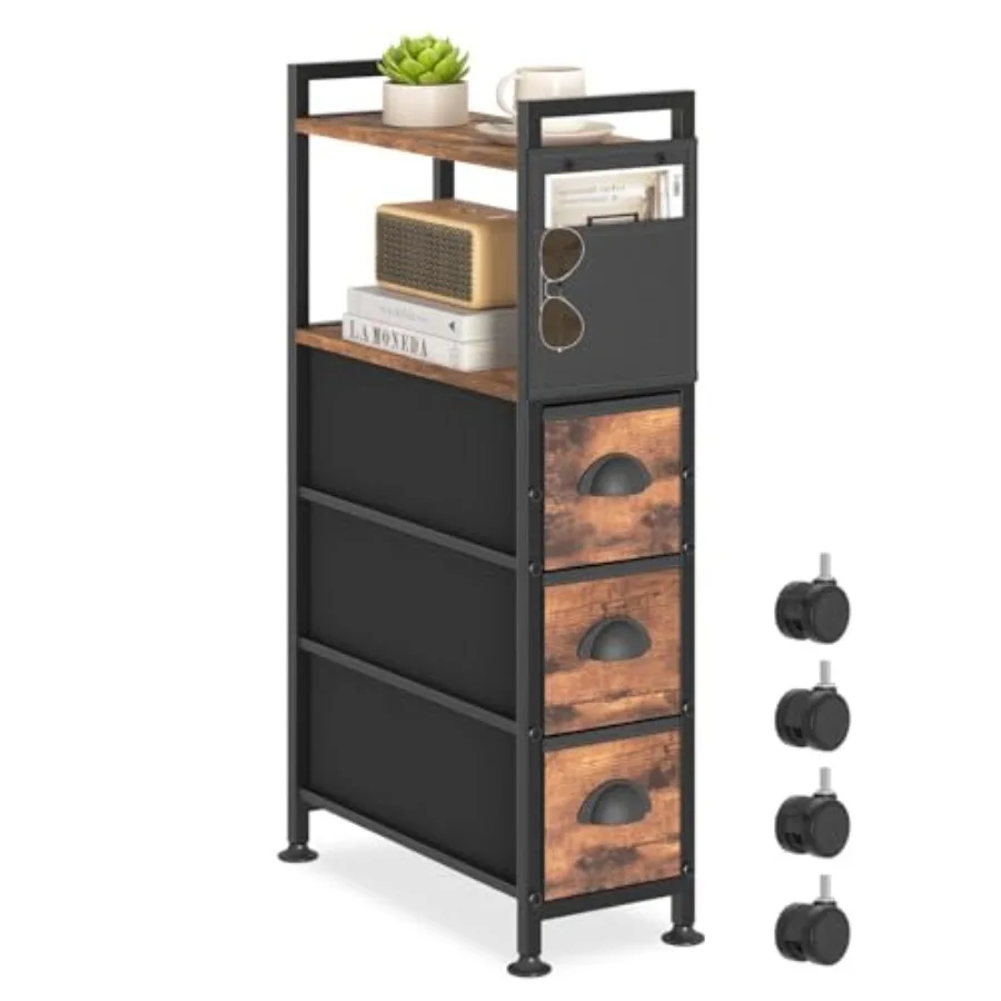 

3 Drawer Narrow Dresser Side End Table Small Spaces Slim Nightstand Bedside Sofa Table with Wheels Space Saving Skinny Thin Cou