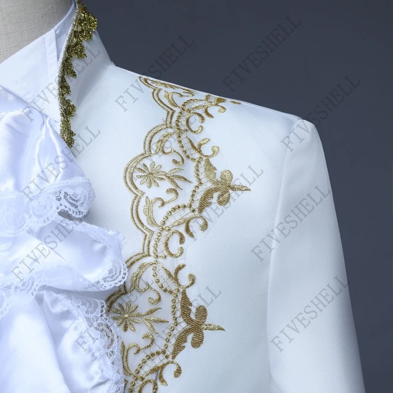 2024 Medieval Wedding Costume Prince Bridegroom Mens Blazer Dress Suits Jabot Lace Tie For Adult Tops Jacket Coat+Pants Trouser