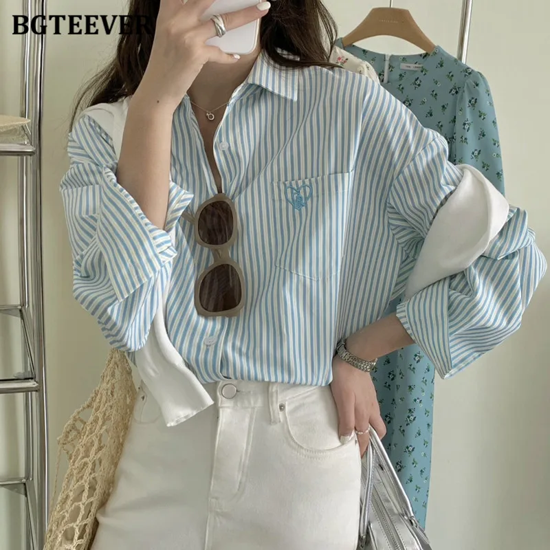 BGTEEVER Stylish Long Sleeve Women Striped Blouses Tops Spring Pocket Casual Single-breasted Lapel Cotton Shir