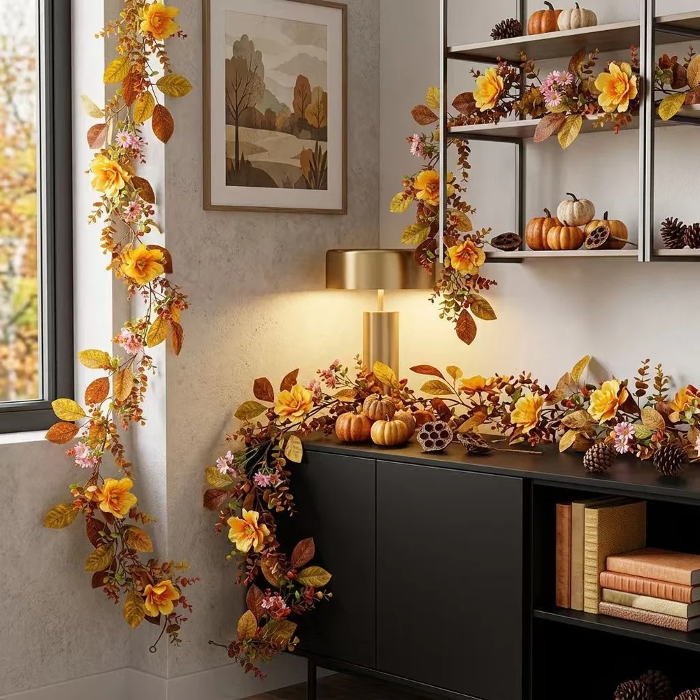 Floral Garland 175cm with Soft Silk Flowers and Waterproof Cloth Leaves for Mantel Table Centerpiece Harvest Festival Decor