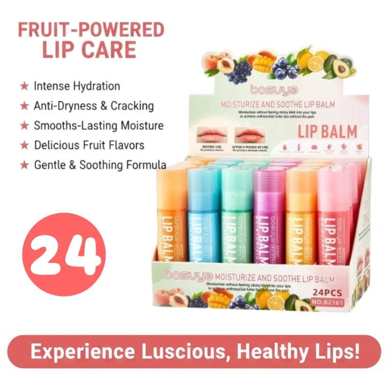 

Набор бальзамов для губ Fruit Series, 24 шт., предотвращает потрескавшиеся губы — уход за сухими губами и тонкими линиями, увлажняющий восстанавливающий бальзам для губ