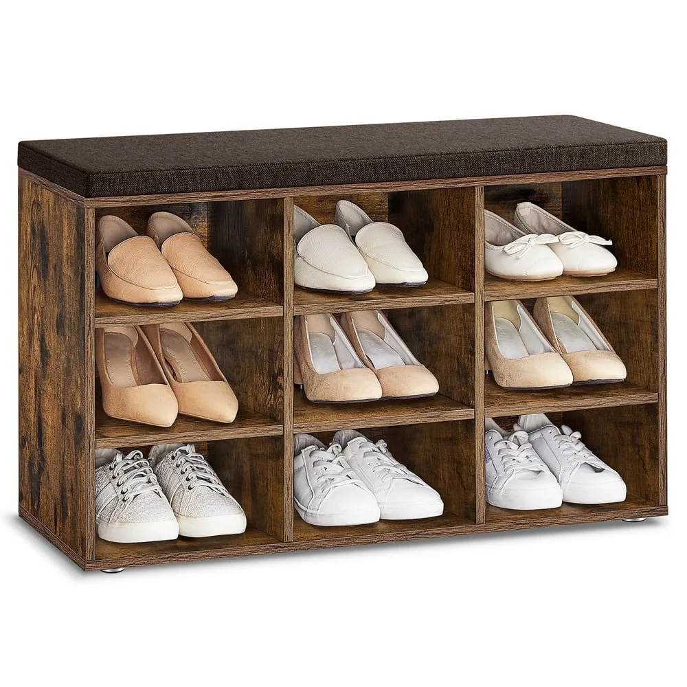 

Shoe Bench With Cushion, Storage Bench With Adjustable Shelves, Rustic Brown And Brown