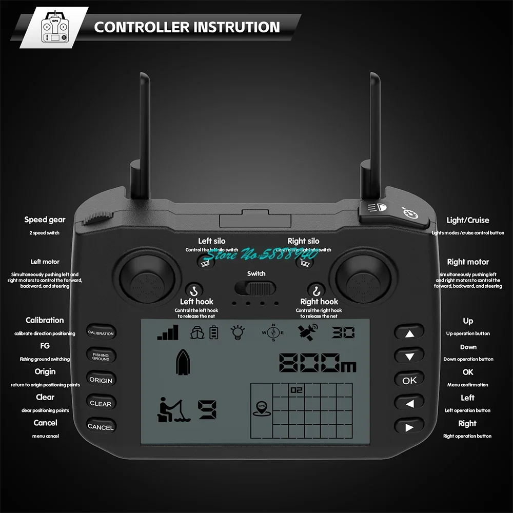 800M 12V High Speed GPS Return Sonar Fish Finder RC Fishing Bait Boat 9Fishing Ground 180 Anchor Points Remote Control Bait Boat