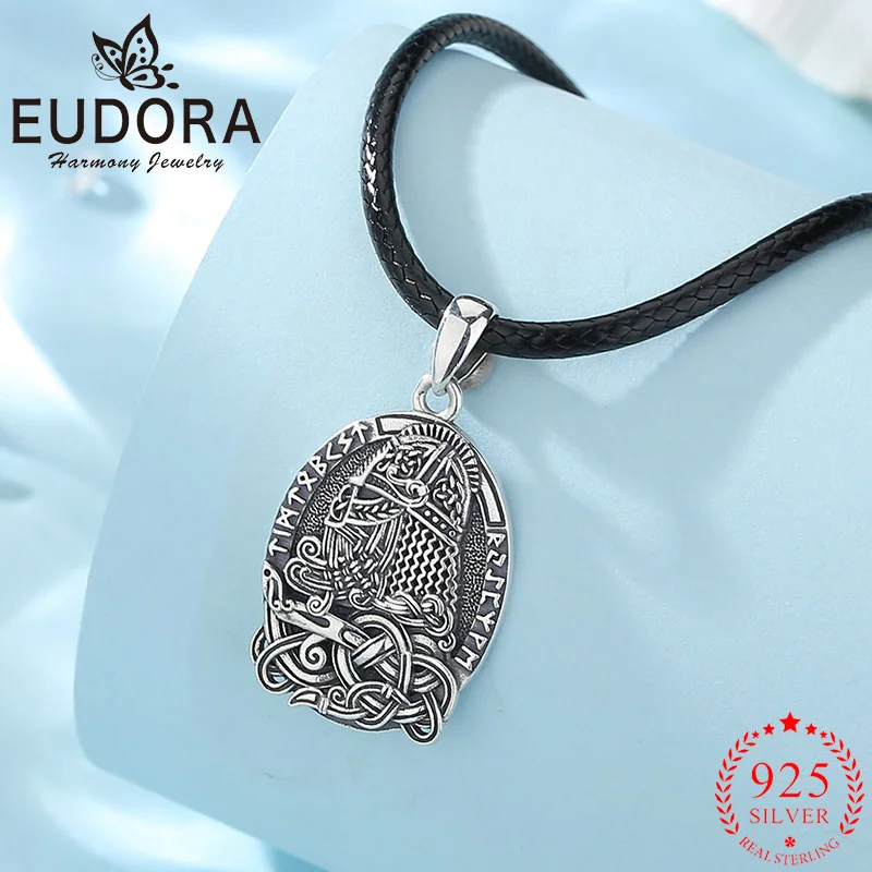 Eudora New 925 Sterling Silver Nordic Odin Warrior Necklace Vintage Helmet Rune Pendant Personality Jewelry Gift for Men