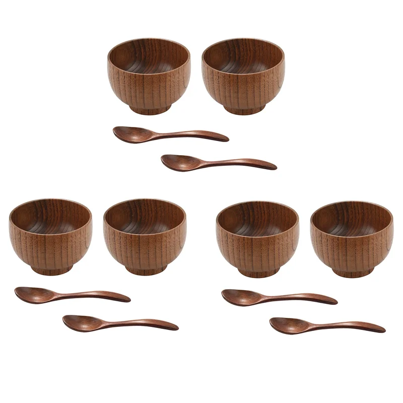 

AS96-12 Pieces Wooden Handmade Bowl And Spoon For For Rice Miso Serving Home Kitchen Tableware