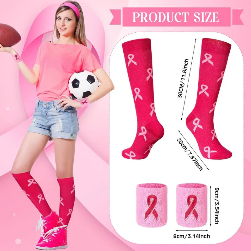 Breast Cancer Awareness Pink Ribbon and Wristbands Set, Athletic Accessories Knee Length Socks for Womens Men